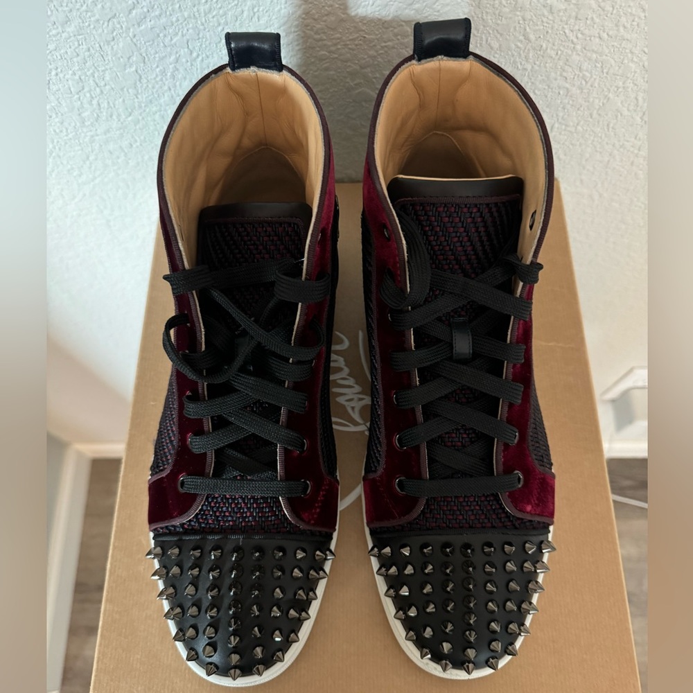 Christian Louboutin Spikes, velvet palette of black, burgundy, & navy, size 43.5